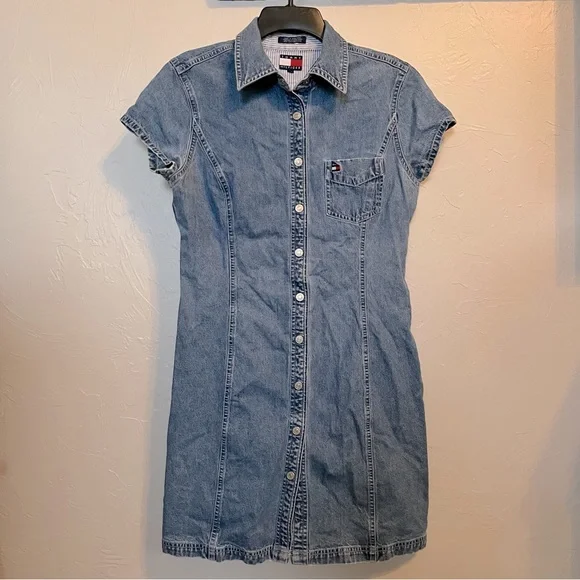 Tommy Hilfiger x Vintage Snap Front Denim MIDI Dress with Logo Detail Sz 10